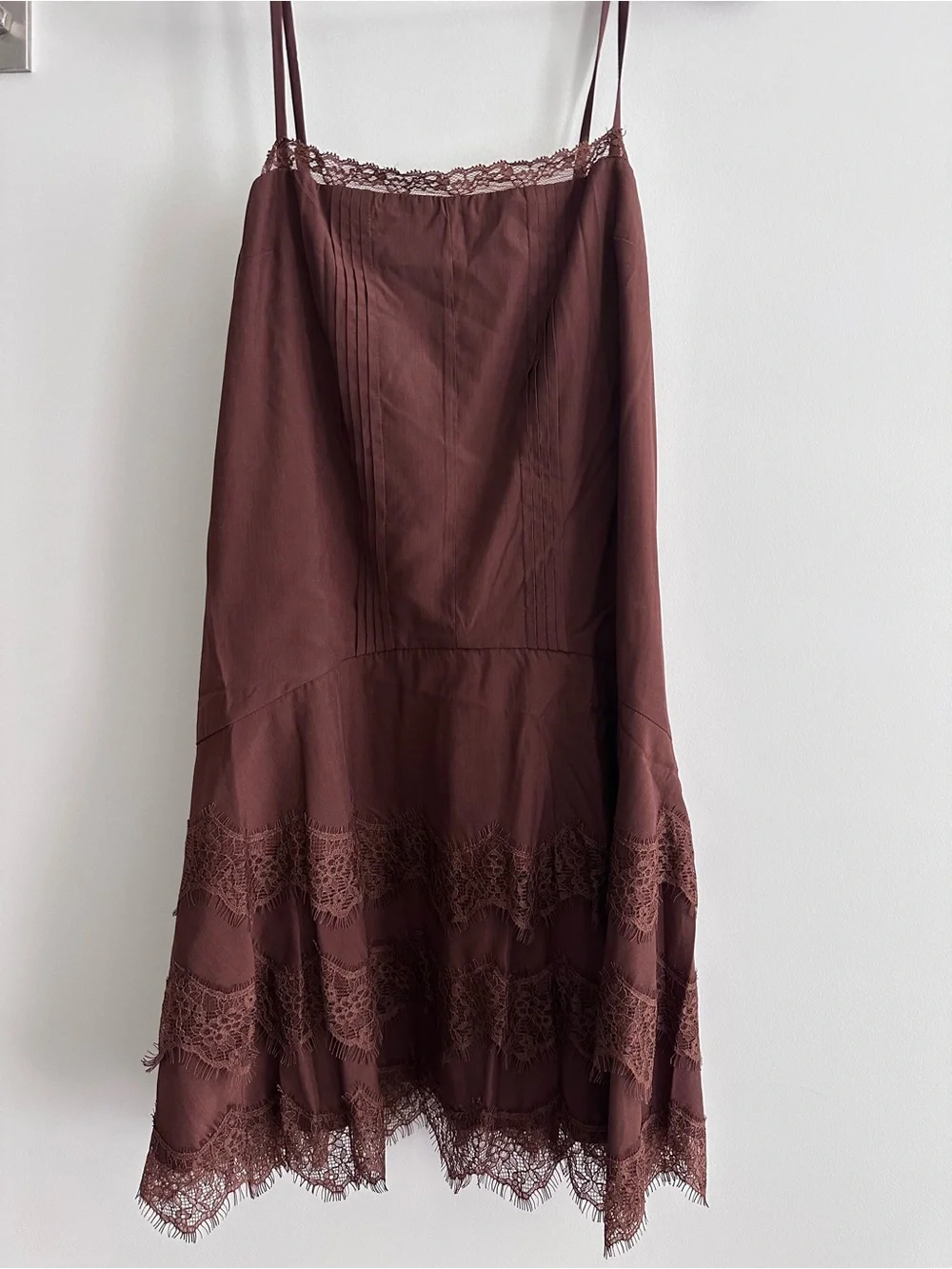 STORIA Brown Lace Trim Mini Dress Size Small Romantic Boho Slip Dress